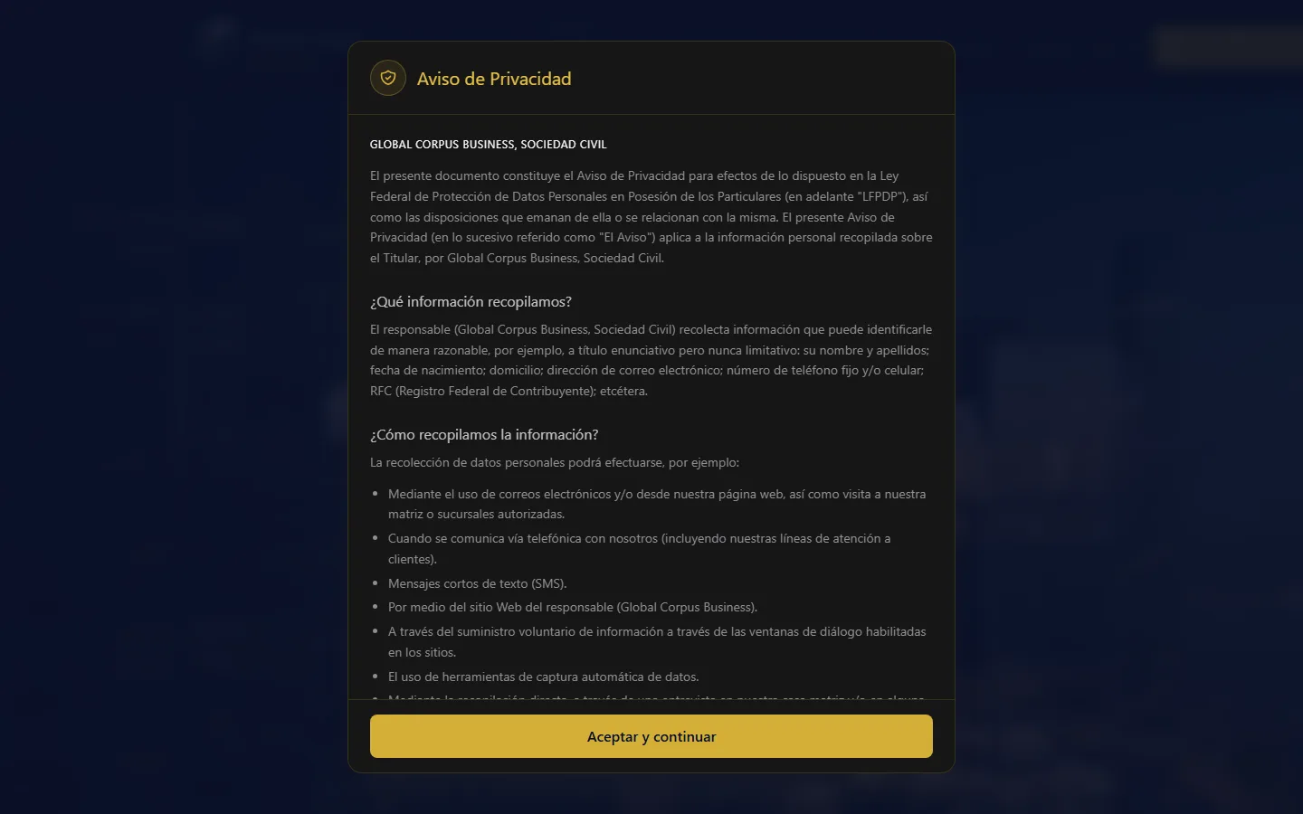 Screenshot of Global Corpus Business